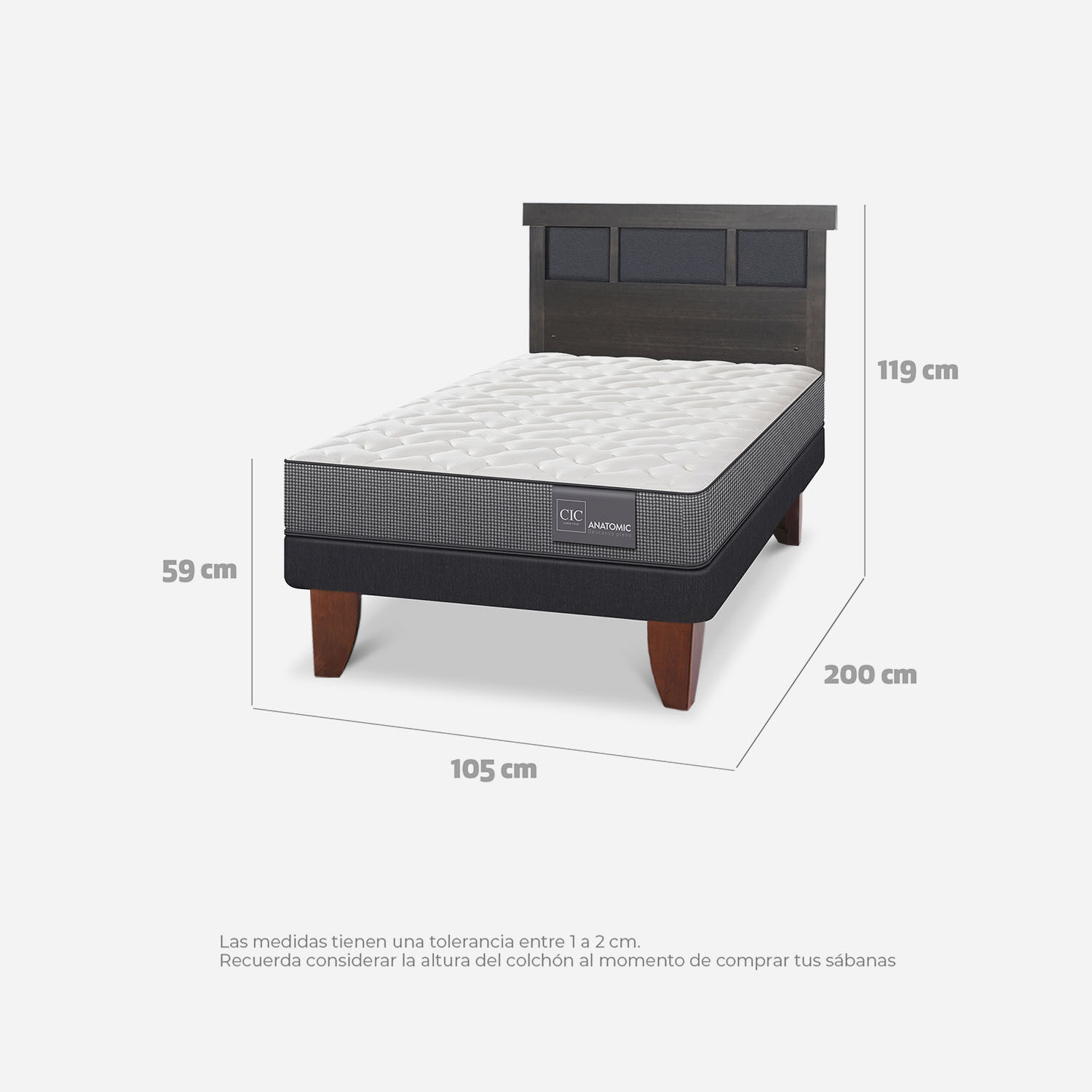 Cama Europea 1,5 Plazas Anatomic + Respaldo Dubl&iacute;n Gris
