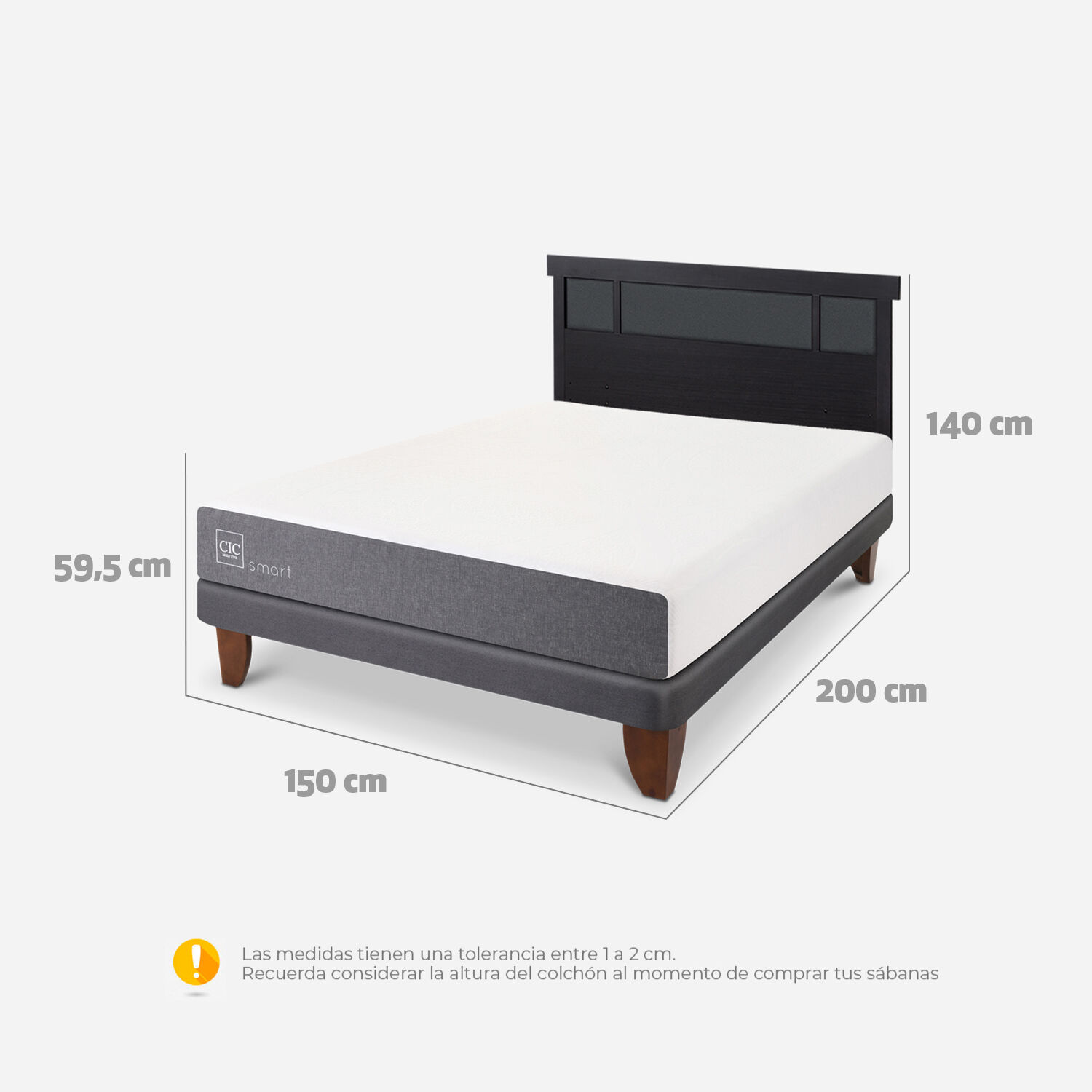 Cama Europea 2 Plazas Smart Base Normal + Respaldo Dublín Negro