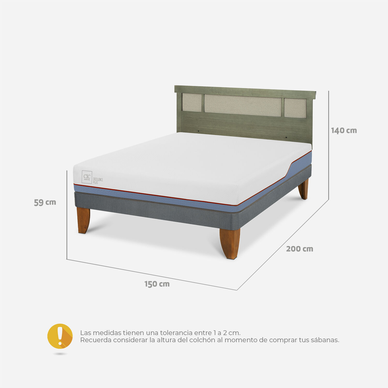 Cama Europea 2 Plazas Excellence Plus Base Normal + Respaldo Dublín Olivo
