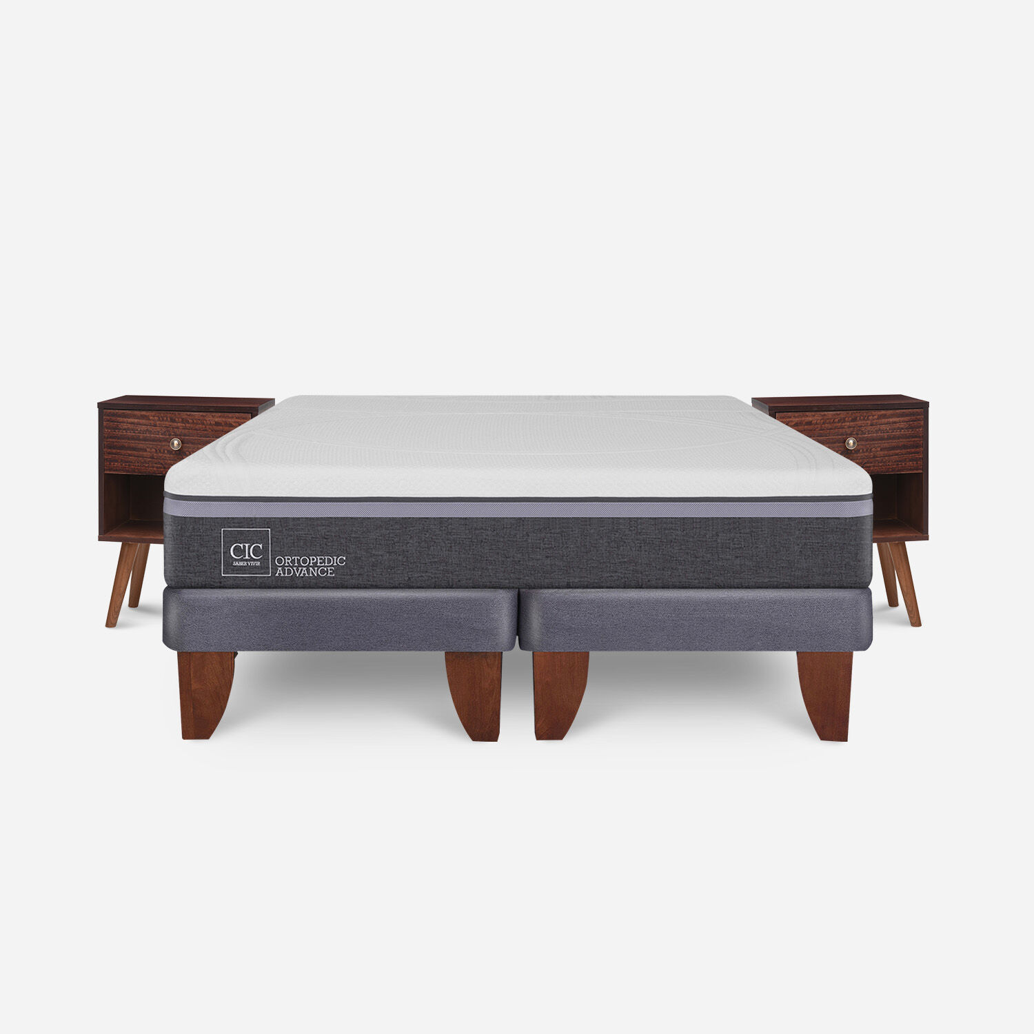 Cama Europea 2 Plazas Ortopedic Advance Base Dividida + Veladores M&uacute;nich Chocolate