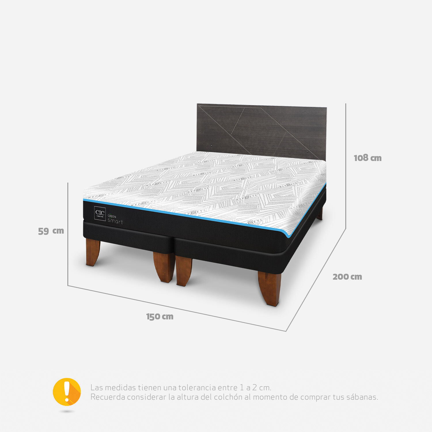 Cama Europea 2 Plazas Green Infinity Base Dividida + Respaldo Villarrica Gris
