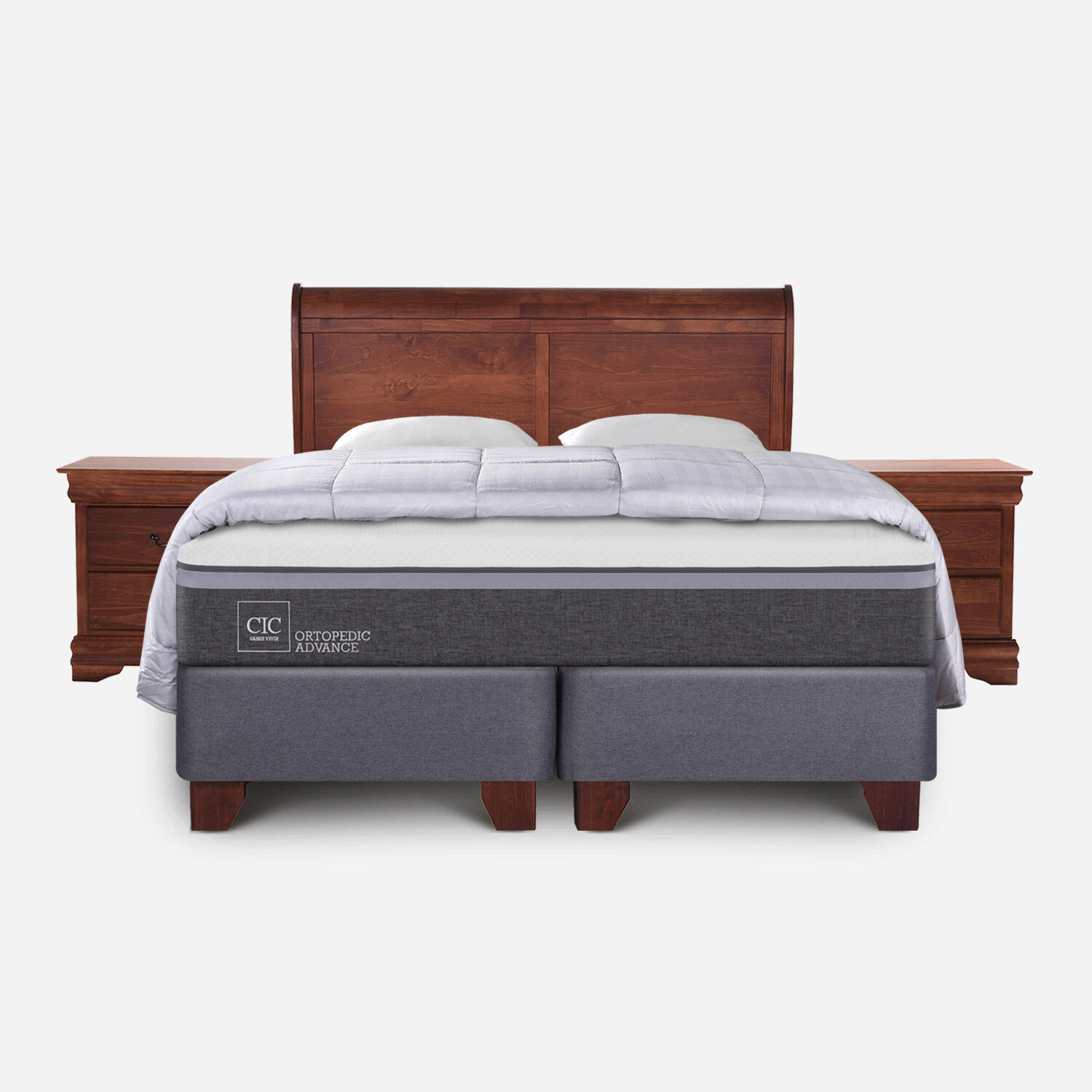 Box Spring King Ortopedic Advance + Set Mir&oacute; Caramel + Almohadas + Plum&oacute;n