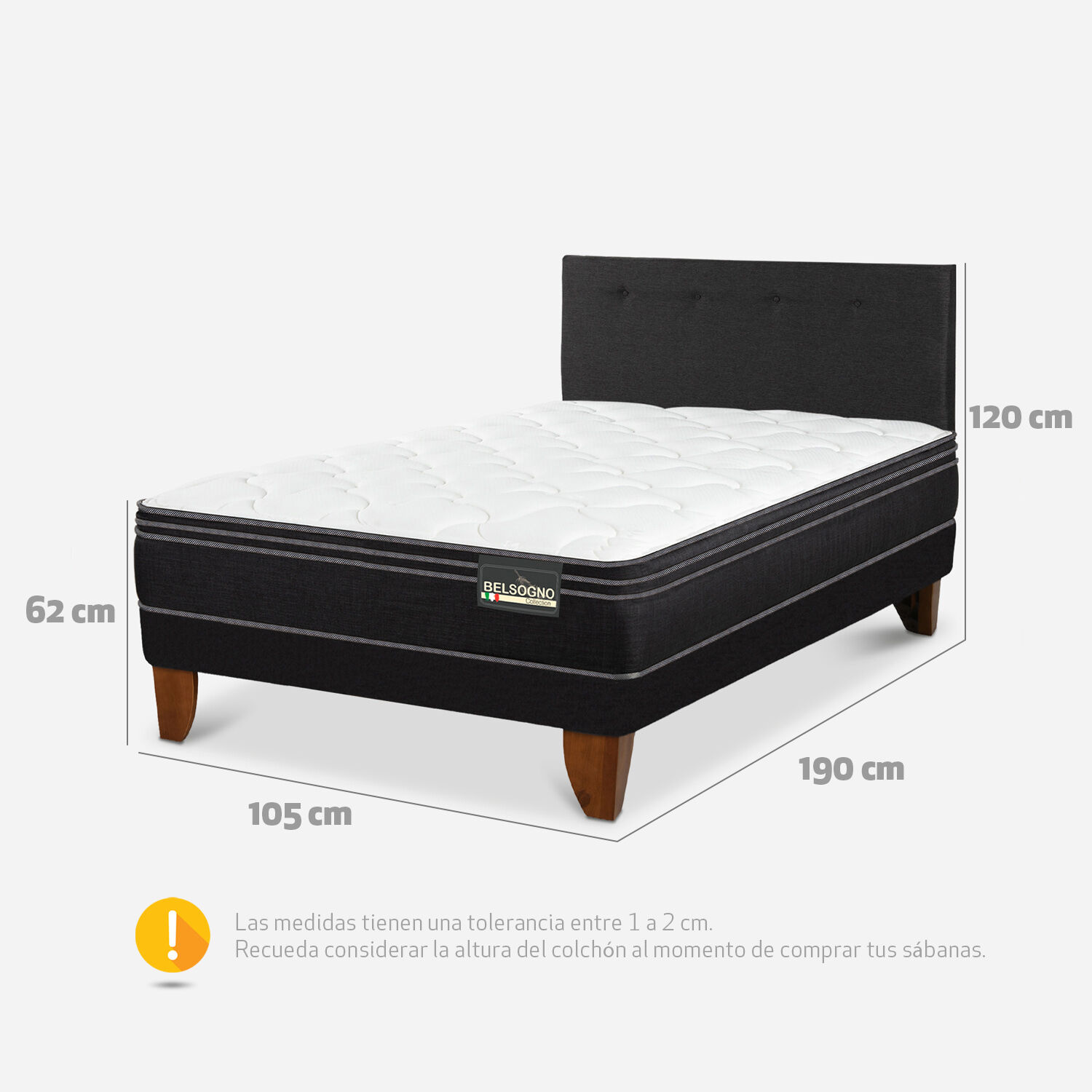Cama Europea Belsogno 1,5 Plazas Premium Black con Respaldo Black