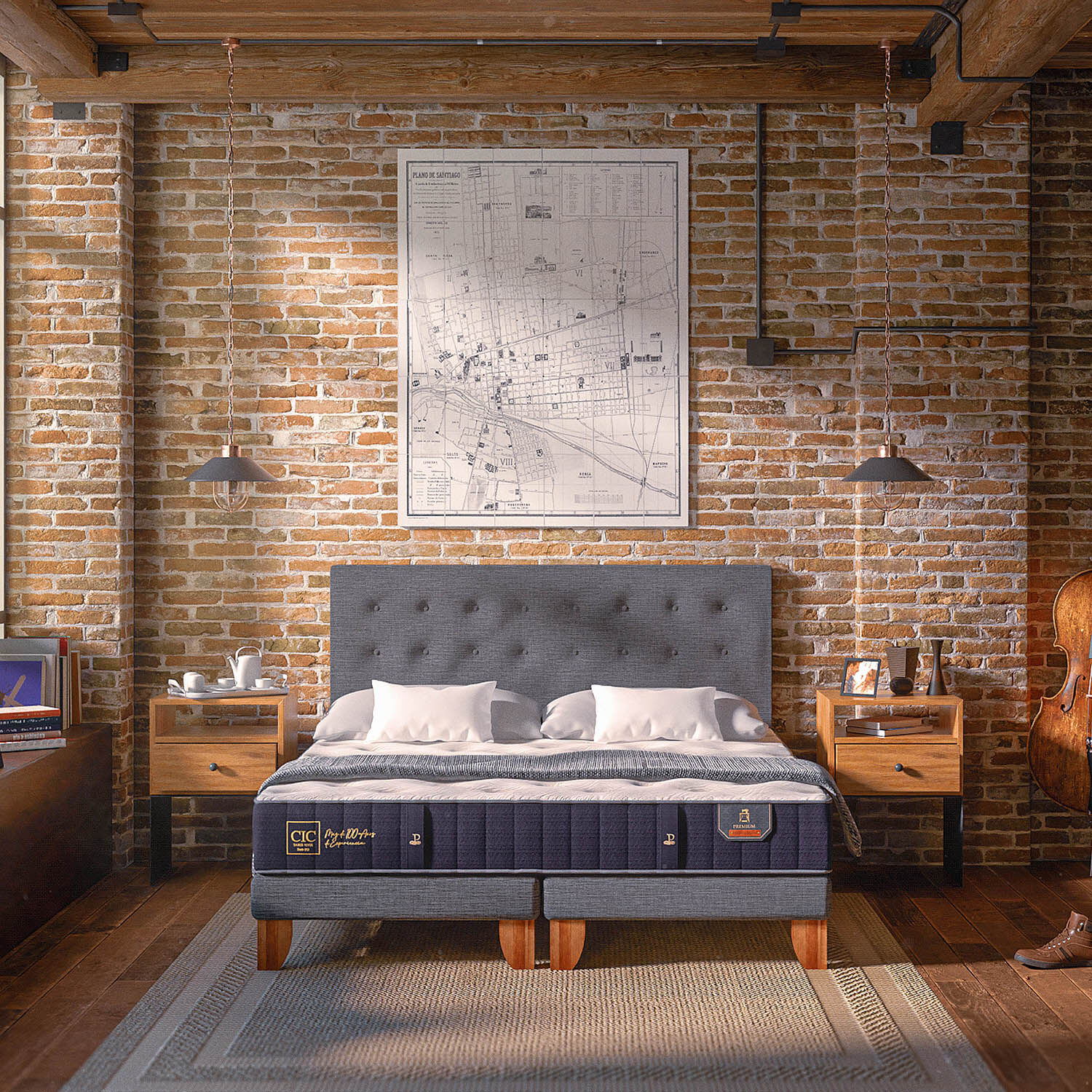 Cama Europea King Premium + Set Mir&oacute; Caramel + Almohadas 100% de Pluma de Ganso