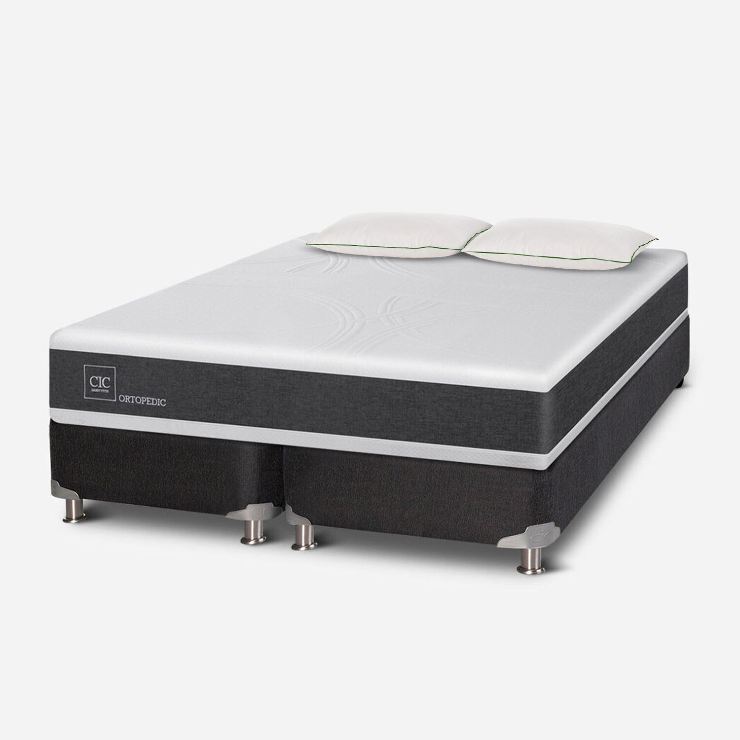 Box Spring 2 Plazas Ortopedic Base Dividida 5 Zonas + Almohadas Down Alternative