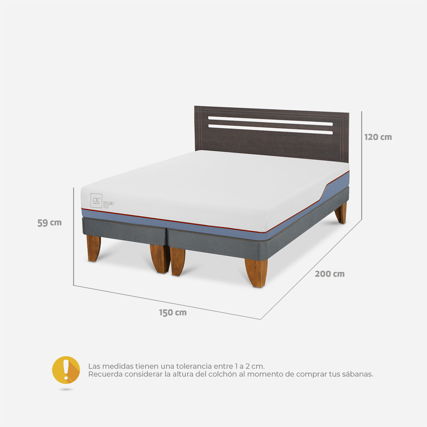 Cama Europea 2 Plazas Excellence Base Dividida + Respaldo Munich Gris