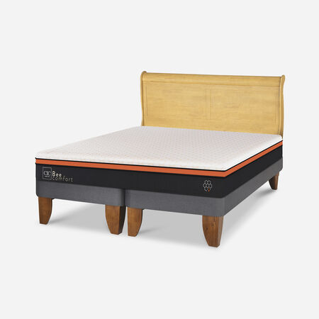 Cama Europea 2 Plazas Bee Comfort Base Dividida + Respaldo Mir&oacute; Mostaza