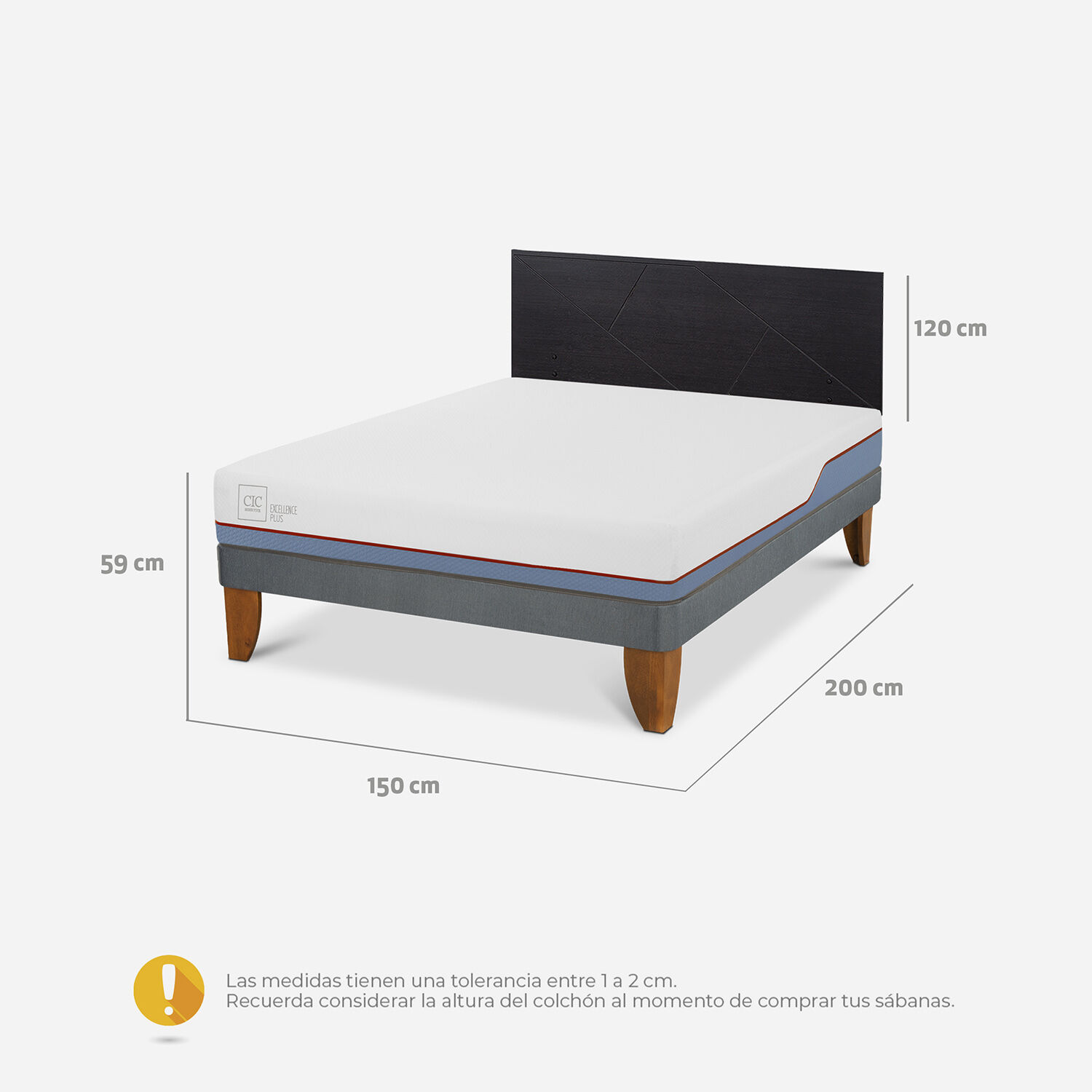 Cama Europea 2 Plazas Excellence Plus Base Normal + Respaldo Villarrica Negro