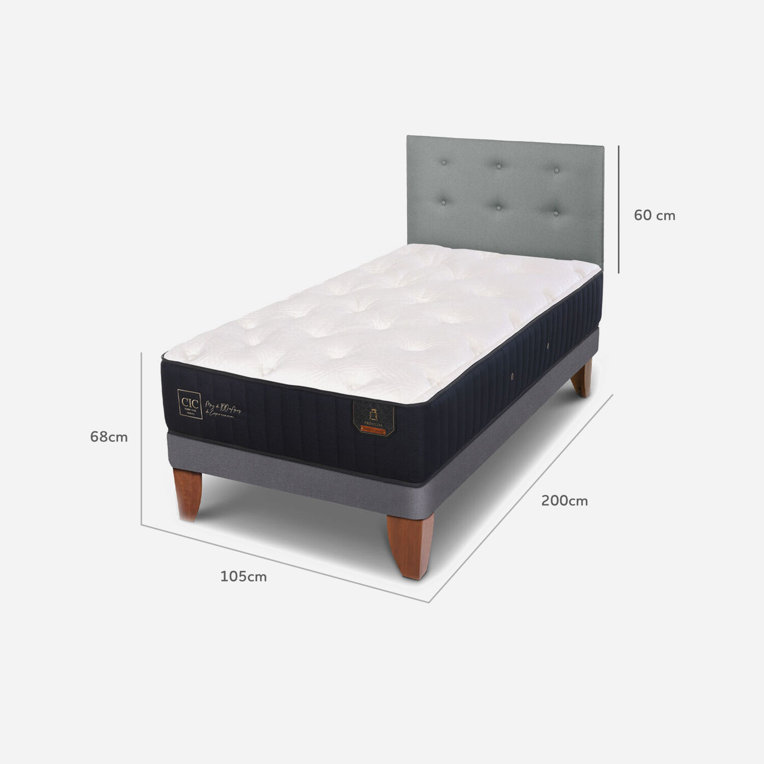 Cama Europea 1.5 Plazas Premium 105x200 + Respaldo Tapizado Gris