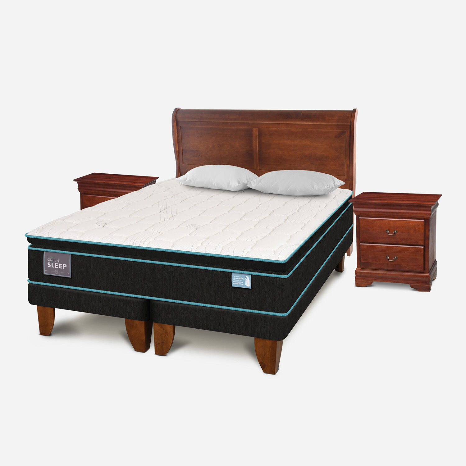 Cama Europea King Green Sleep + Set Mir&oacute; Caramel + Almohadas Viscoel&aacute;sticas