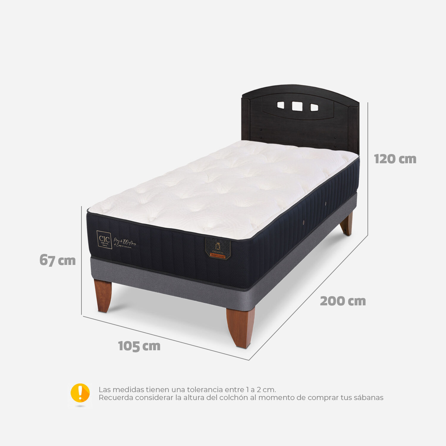 Cama Europea 1,5 Plazas Premium + Respaldo Gales Negro