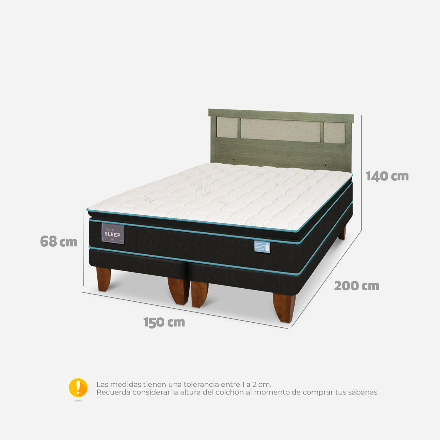 Cama Europea 2 Plazas Green Sleep Base Dividida + Respaldo Dubl&iacute;n Olivo