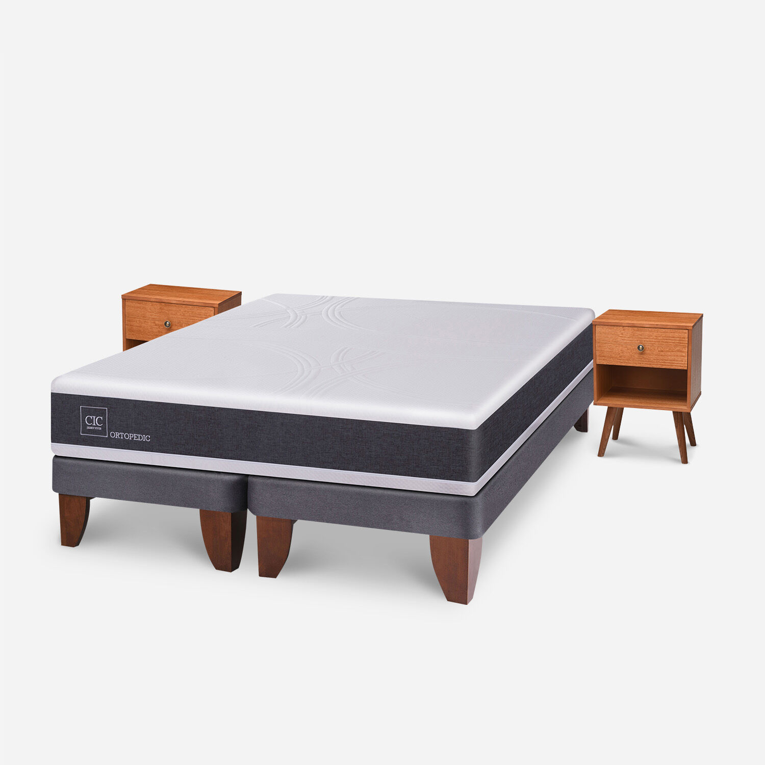 Cama Europea 2 Plazas Ortopedic Base Dividida + Veladores Gales Caramel