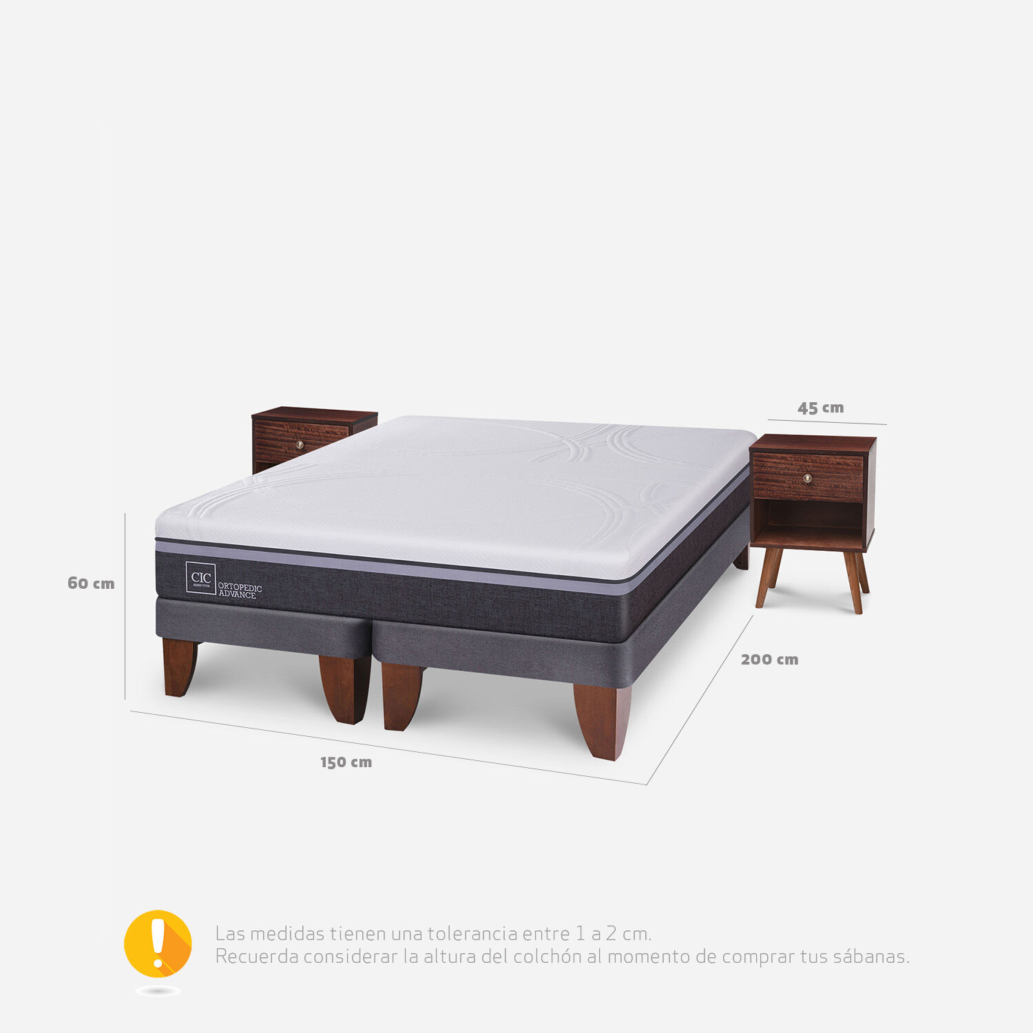 Cama Europea 2 Plazas Base Dividida Ortopedic Advance + Veladores Múnich