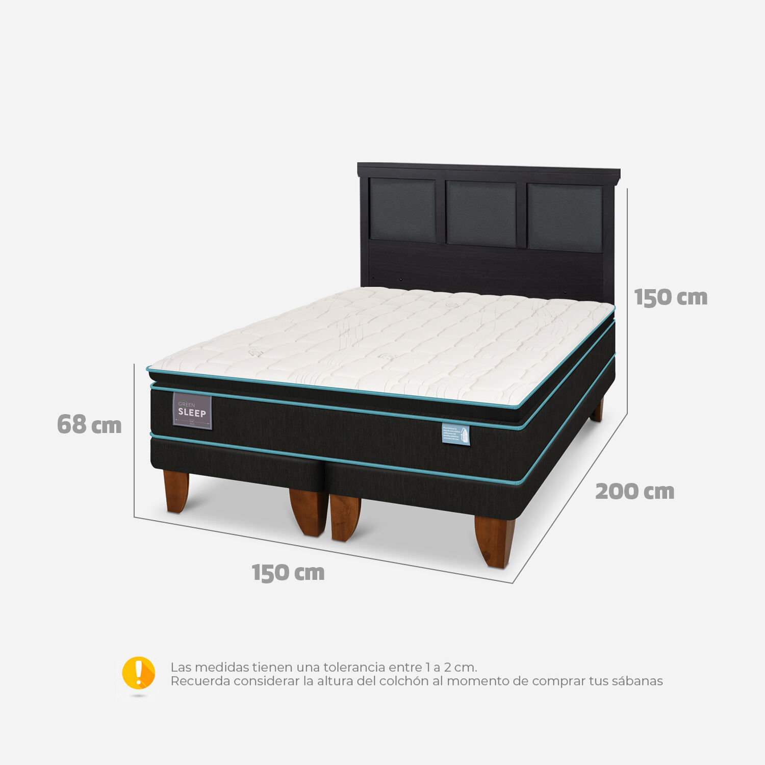 Cama Europea 2 Plazas Green Sleep Base Dividida + Respaldo Torino Negro