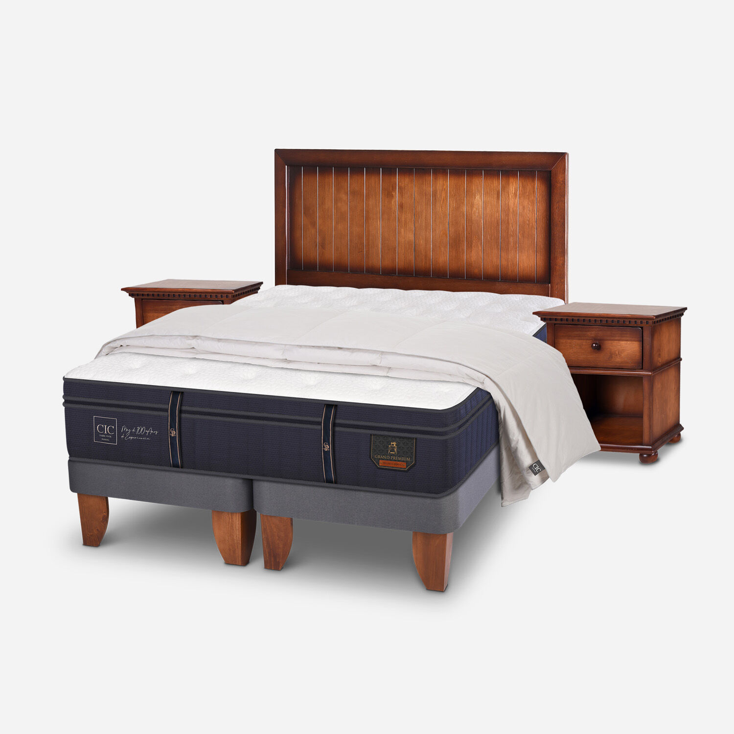 Cama Europea 2 Plazas Base Dividida Grand Premium + Set Monterrey + Plumón 100% Pluma de Ganso