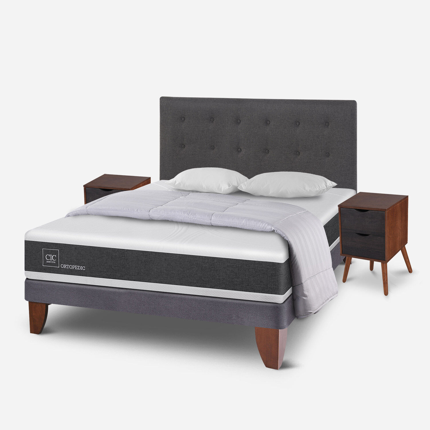 Cama Europea 2 Plazas Ortopedic Base Normal + Almohadas + Plum&oacute;n + Set &Eacute;ufrates