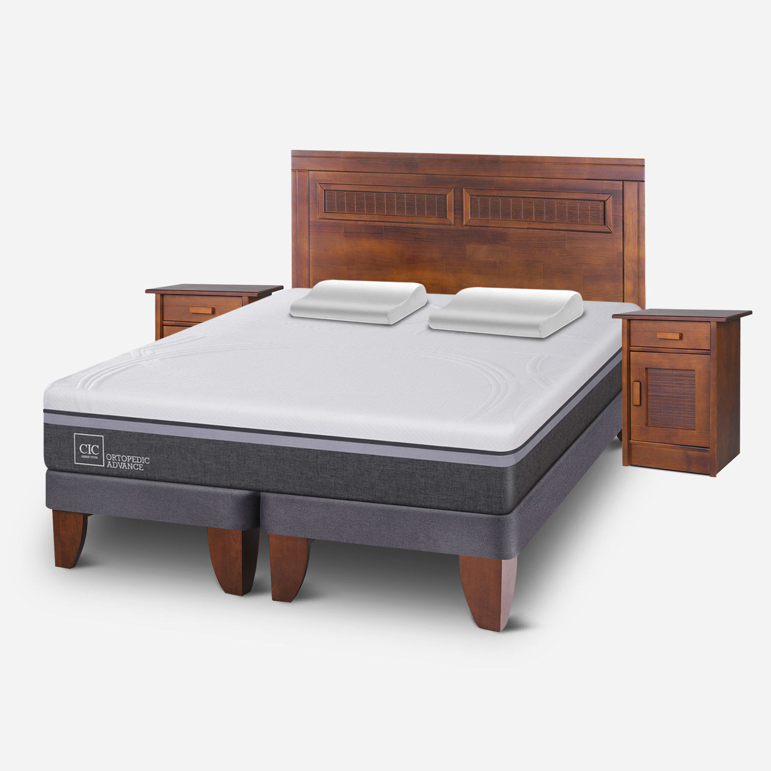 Cama Europea 2 Plazas Ortopedic Advance Base Dividida + Set Milán Caramel + Almohadas Viscoelásticas