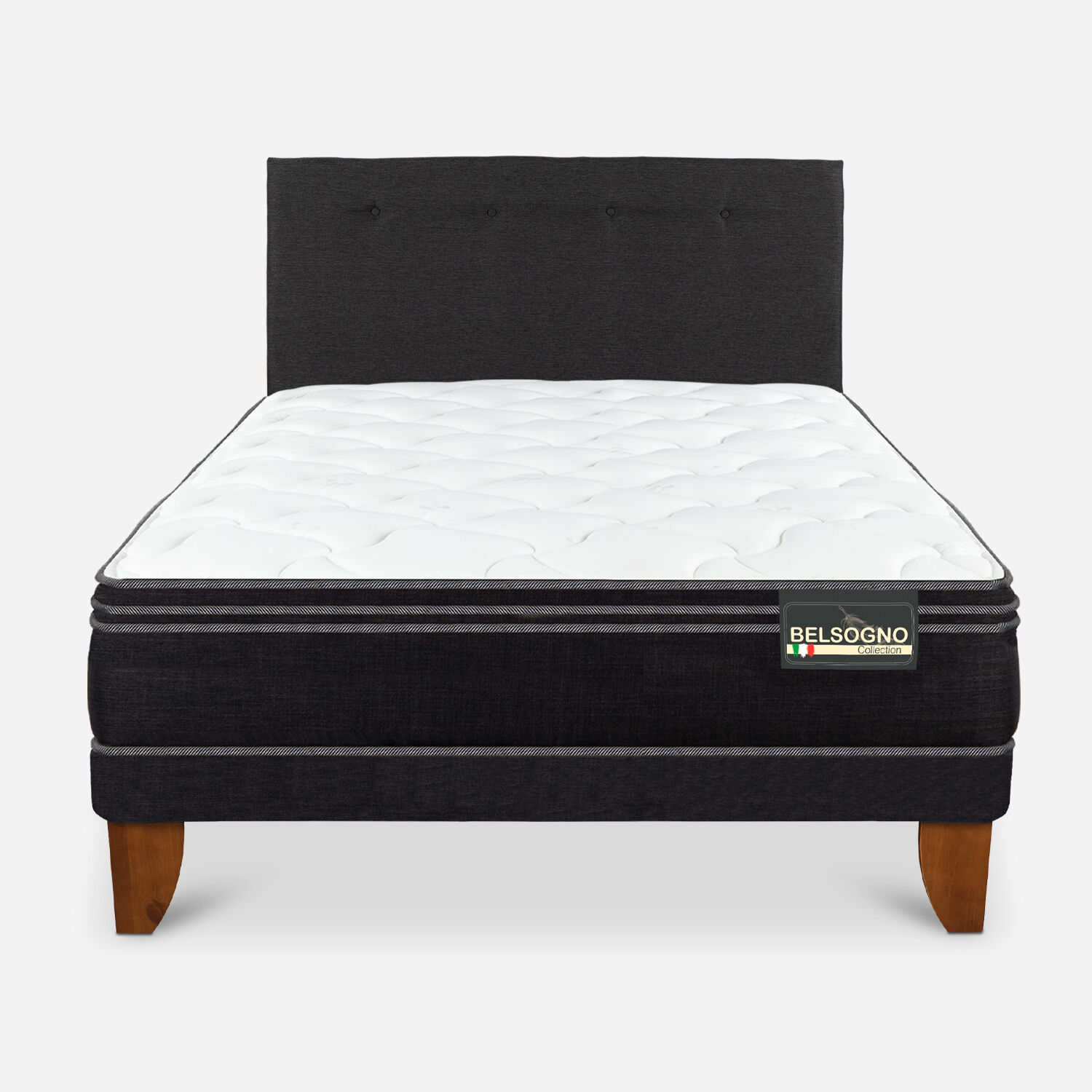 Cama Europea Belsogno 1,5 Plazas Premium Black con Respaldo Black