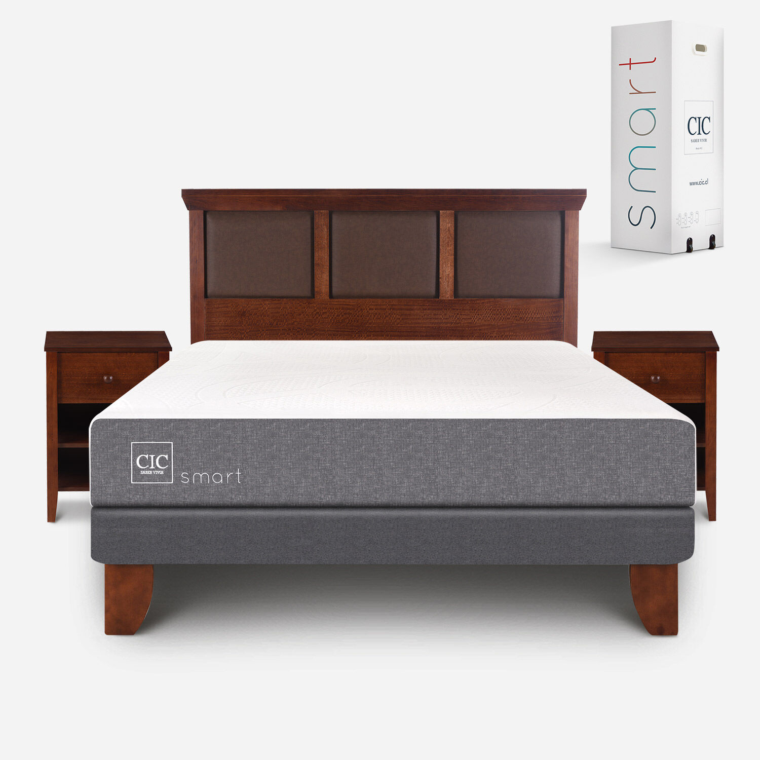 Cama Europea 2 Plazas Smart Base Normal + Set Torino Caramel