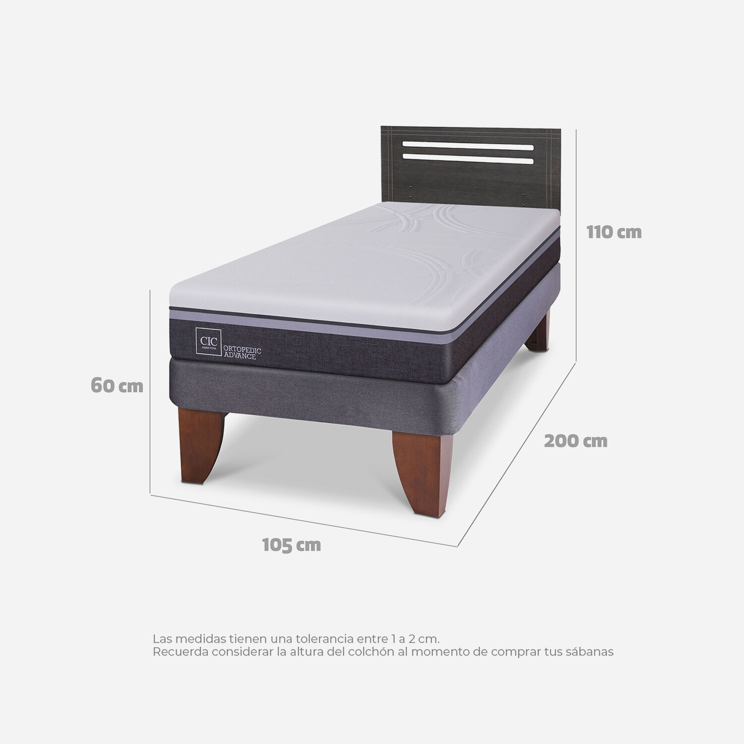 Cama Europea 1,5 Plazas Ortopedic Advance + Respaldo Múnich Gris
