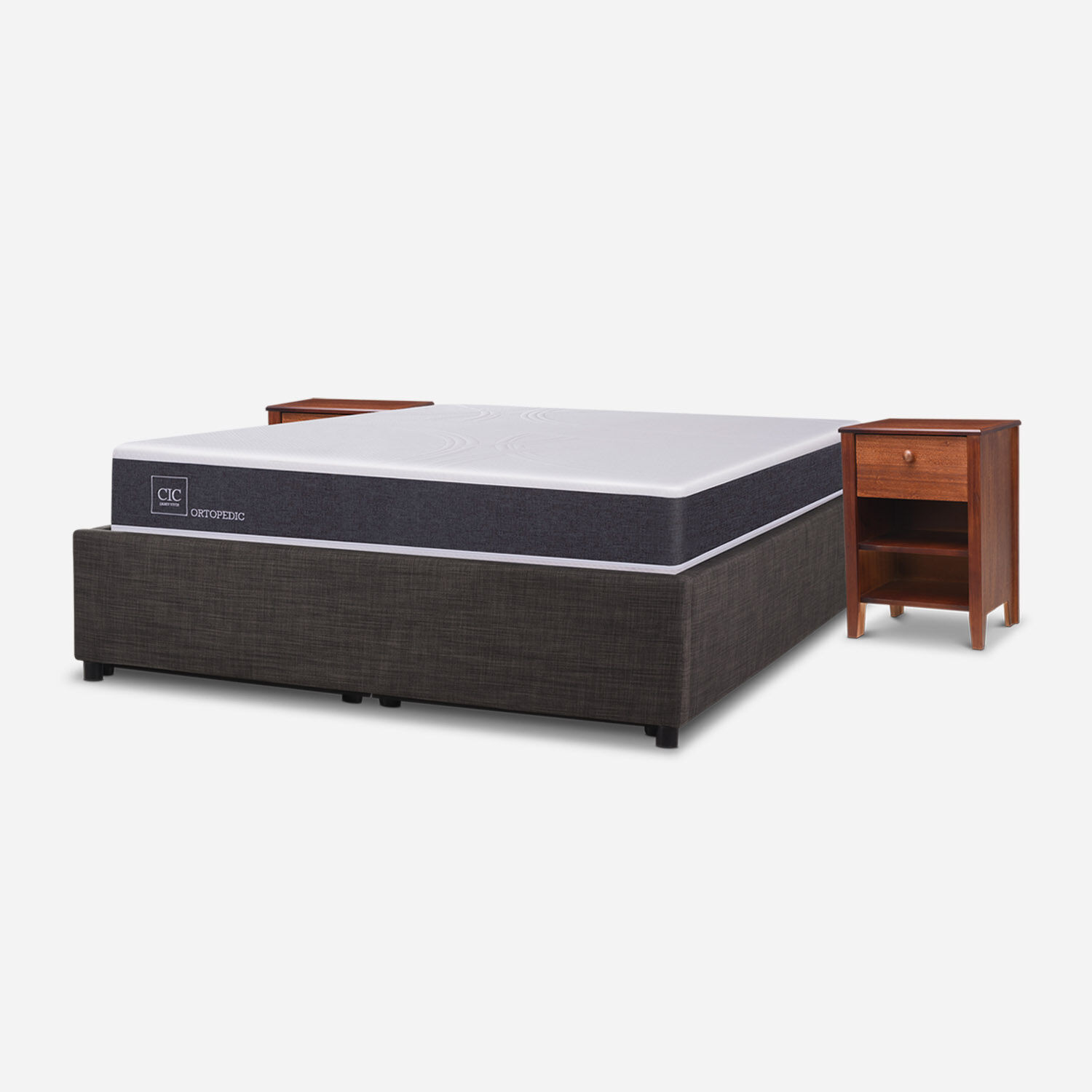 Cama Space Box 2 Plazas Ortopedic + Velador Torino Caramel