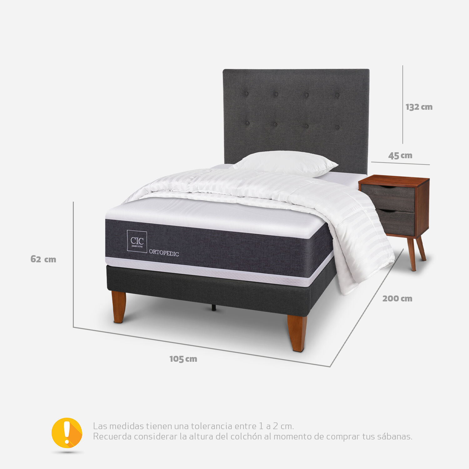Cama Europea Curve 1,5 Plazas Ortopedic + Set &Eacute;ufrates + Almohada + Plum&oacute;n