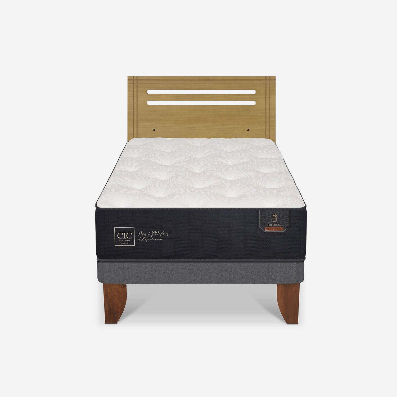 Cama Europea 1,5 Plazas Premium + Respaldo Múnich Mostaza