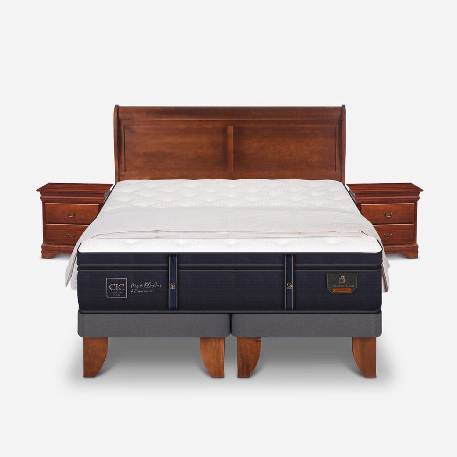 Cama Europea King Grand Premium + Set Mir&oacute; Caramel + Plum&oacute;n 15% Pluma de Ganso