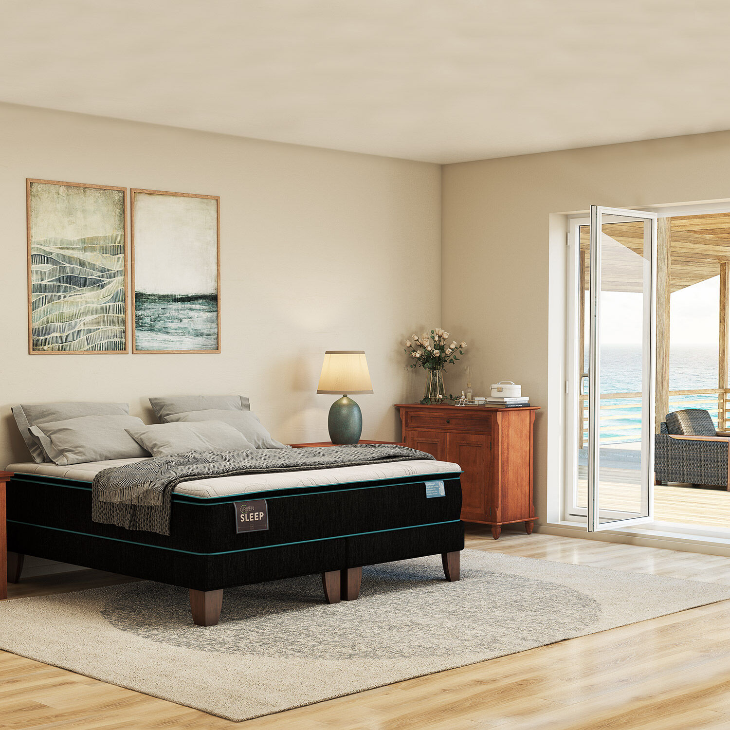 Cama Europea 2 Plazas Green Sleep Base Dividida + Set M&uacute;nich Chocolate