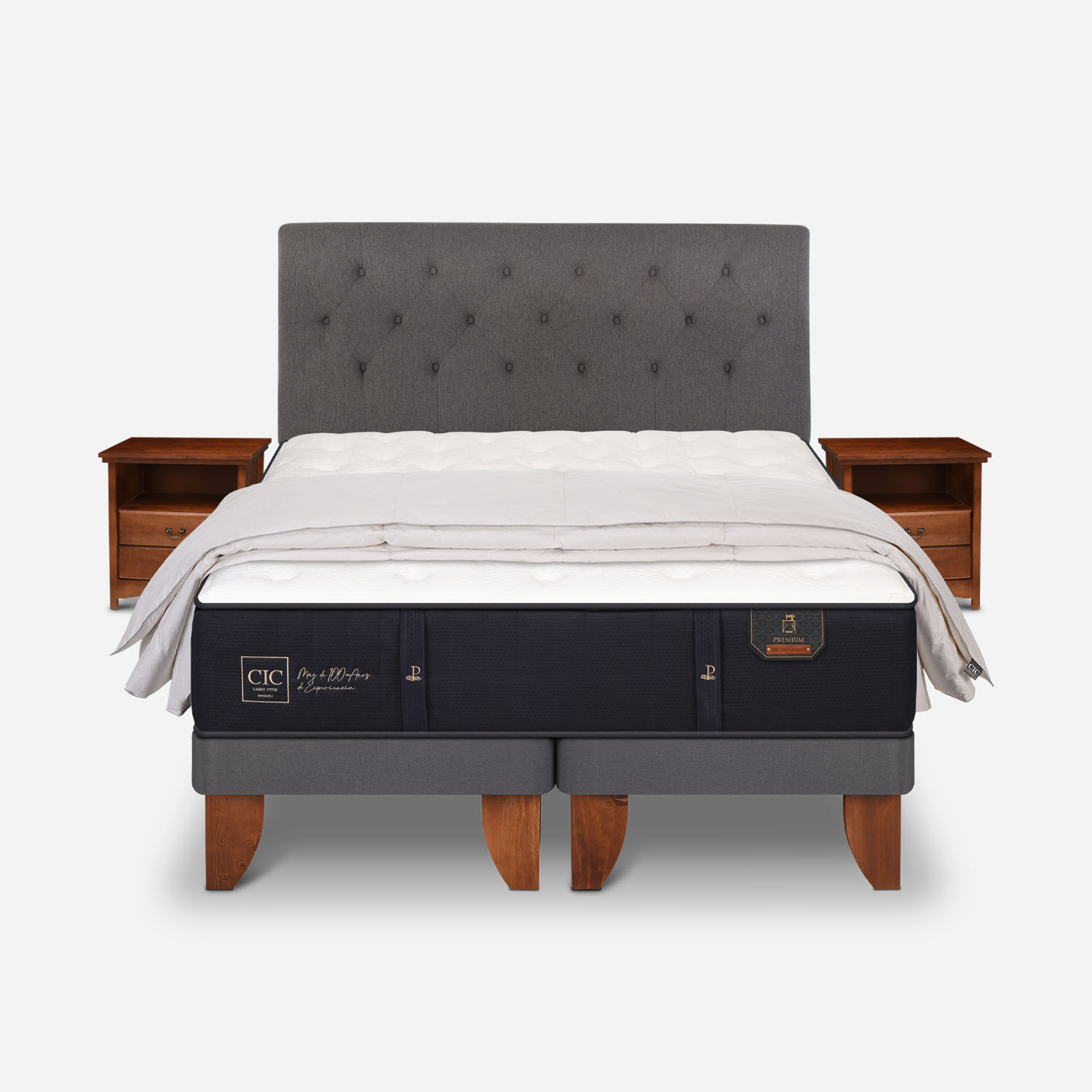 Cama Europea 2 Plazas Premium Base Dividida + Set Kaveri + Plum&oacute;n 100% Pluma de Ganso