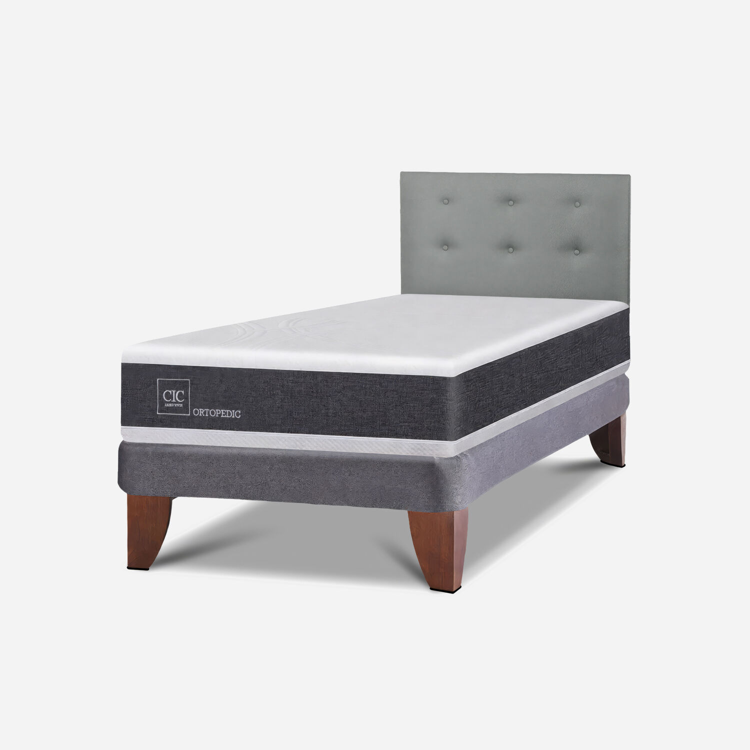 Cama Europea 1.5 Plazas New Ortopedic + Respaldo Tapizado Gris