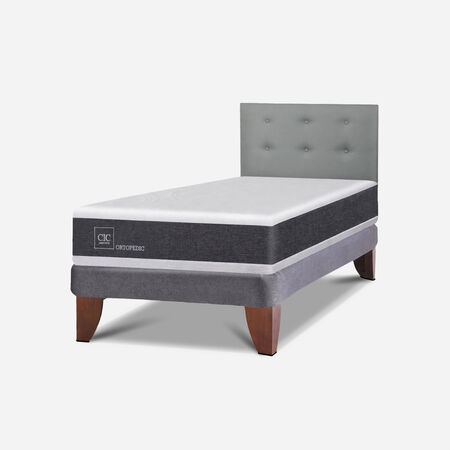 Cama Europea 1.5 Plazas New Ortopedic + Respaldo Tapizado Gris