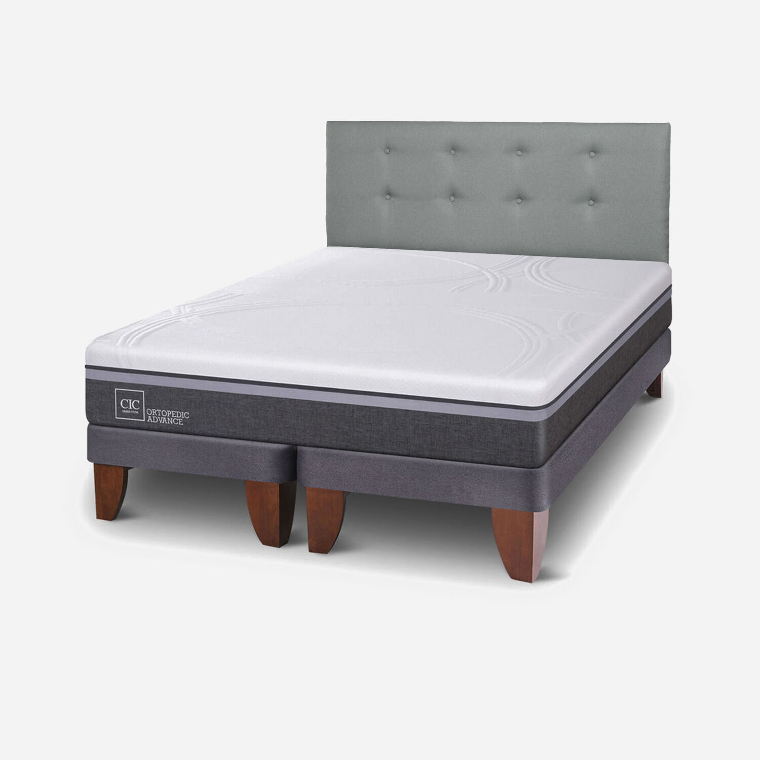 Cama Europea 2 Plazas Ortopedic Advance Base Dividida + Respaldo Tapizado Gris
