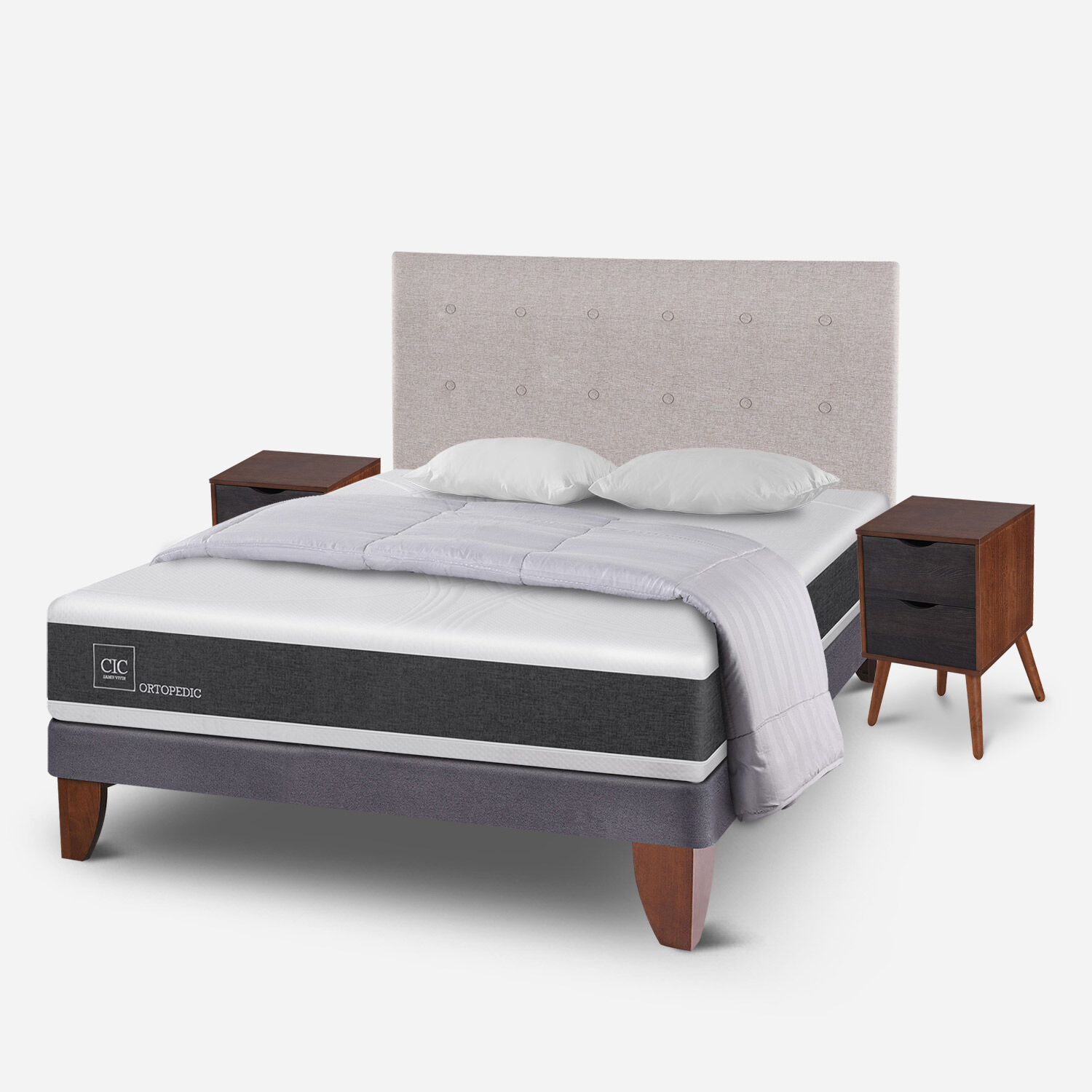 Cama Europea 2 Plazas Ortopedic Base Normal + Almohadas + Plum&oacute;n + Set Tigris