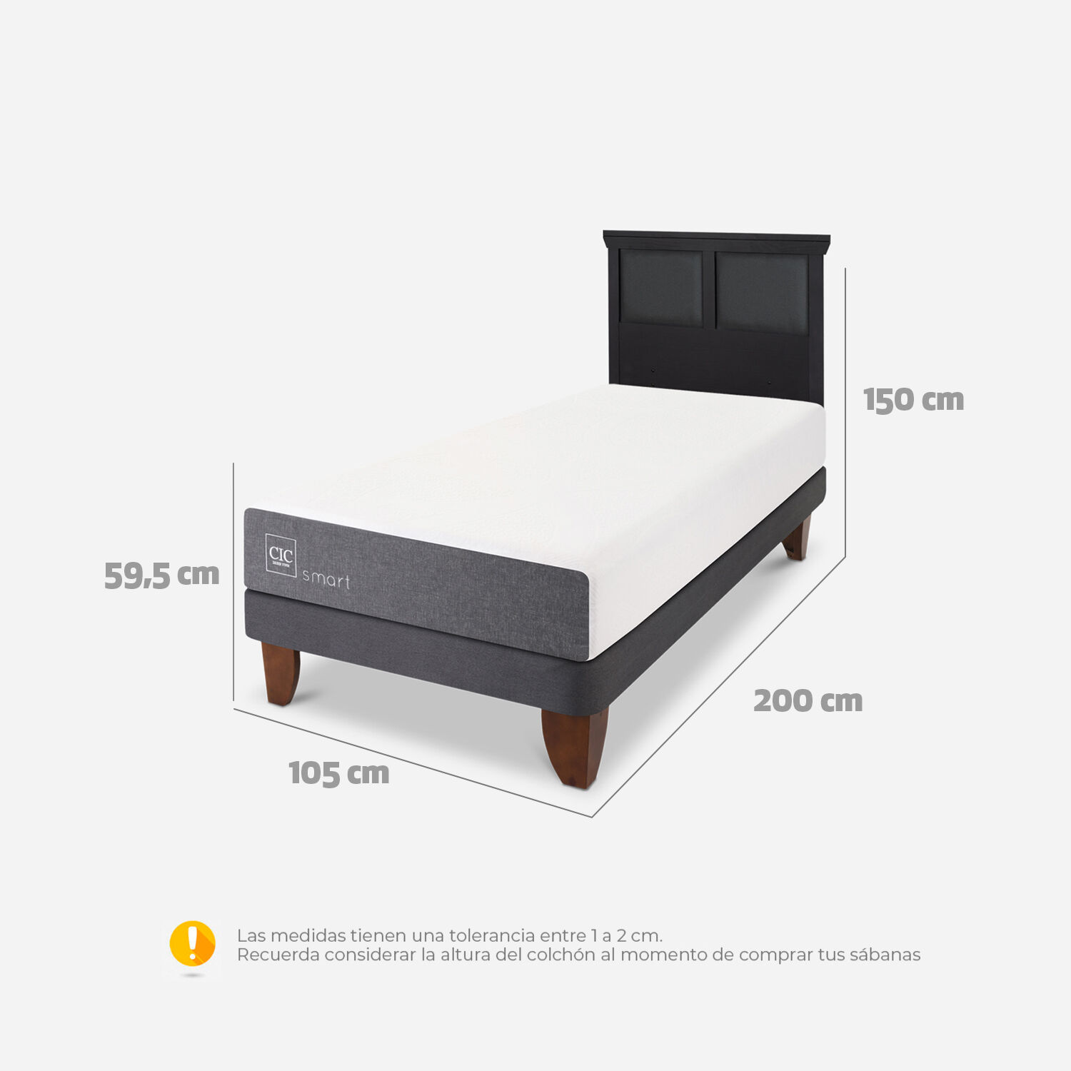 Cama Europea 1,5 Plazas Smart + Respaldo Torino Negro