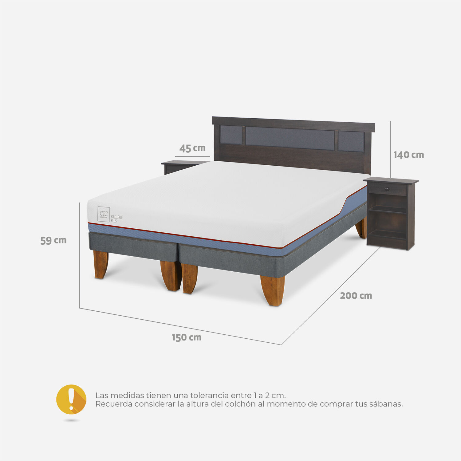 Cama Europea 2 Plazas Excellence Plus Base Dividida + Set Dublín Gris