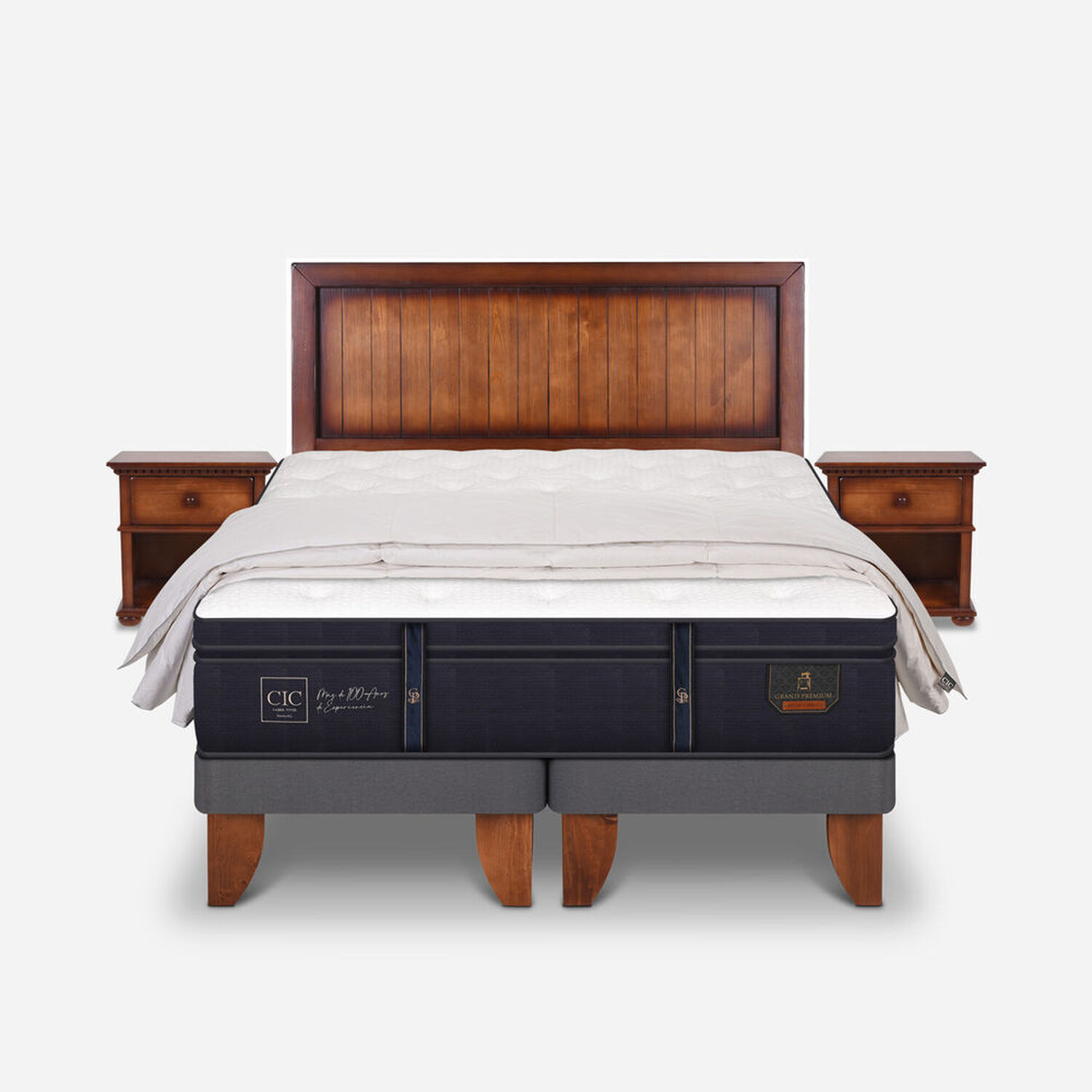 Cama Europea 2 Plazas Base Dividida Grand Premium + Set Monterrey + Plumón 100% Pluma de Ganso