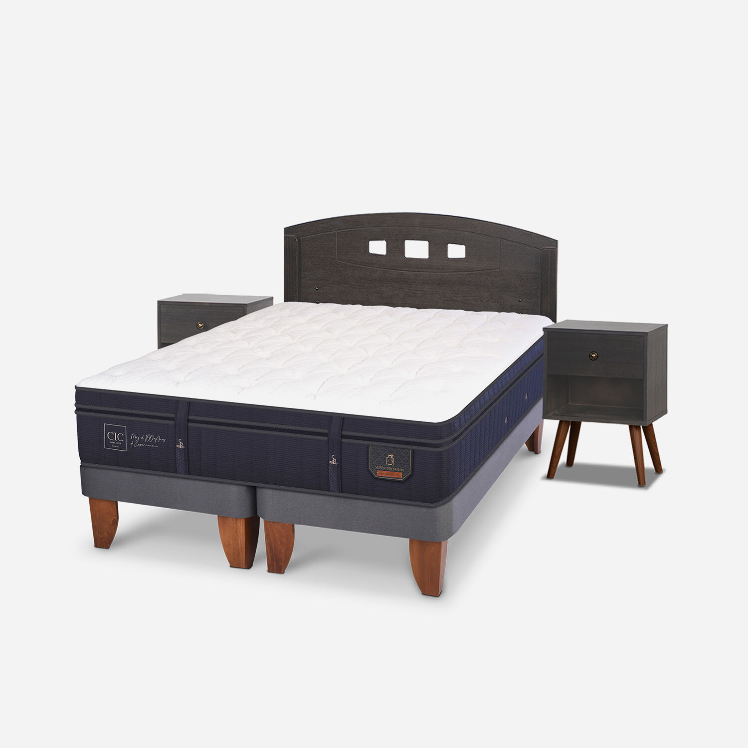 Cama Europea 2 Plazas Super Premium Base Dividida + Set Gales Gris