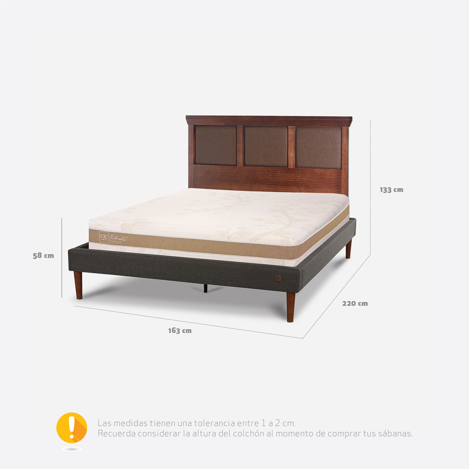 Cama Europea Curve 2 Plazas Rilassati Infinity + Respaldo Torino Caramel