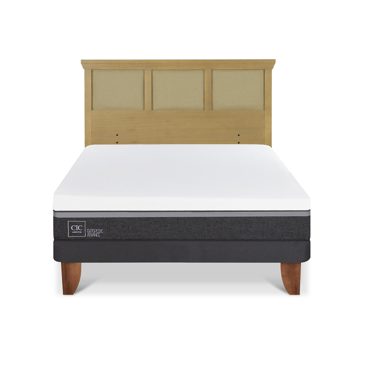 Cama Europea 2 Plazas Ortopedic Advance Base Normal + Respaldo Torino Mostaza