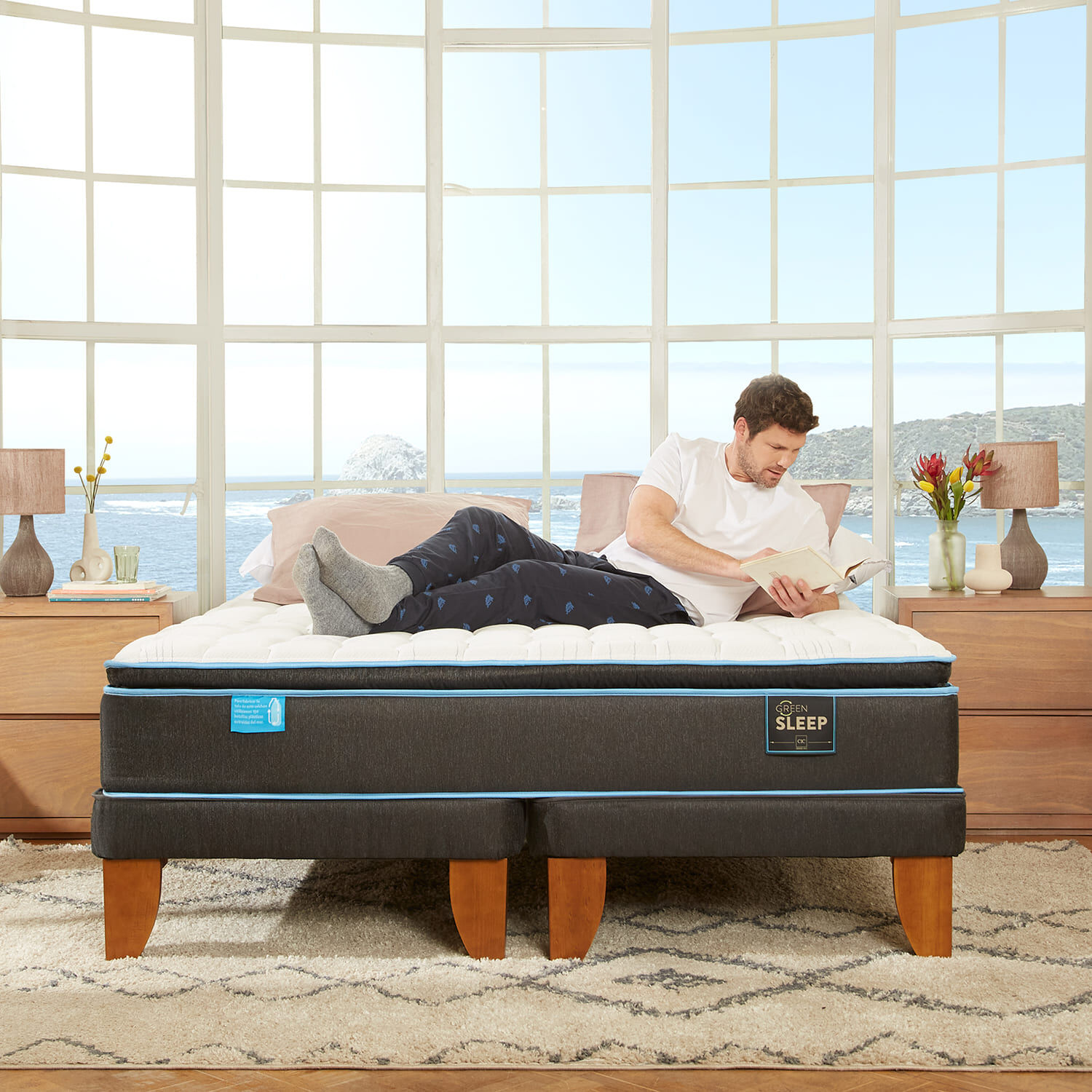 Cama Europea King Green Sleep + Respaldo Ganges
