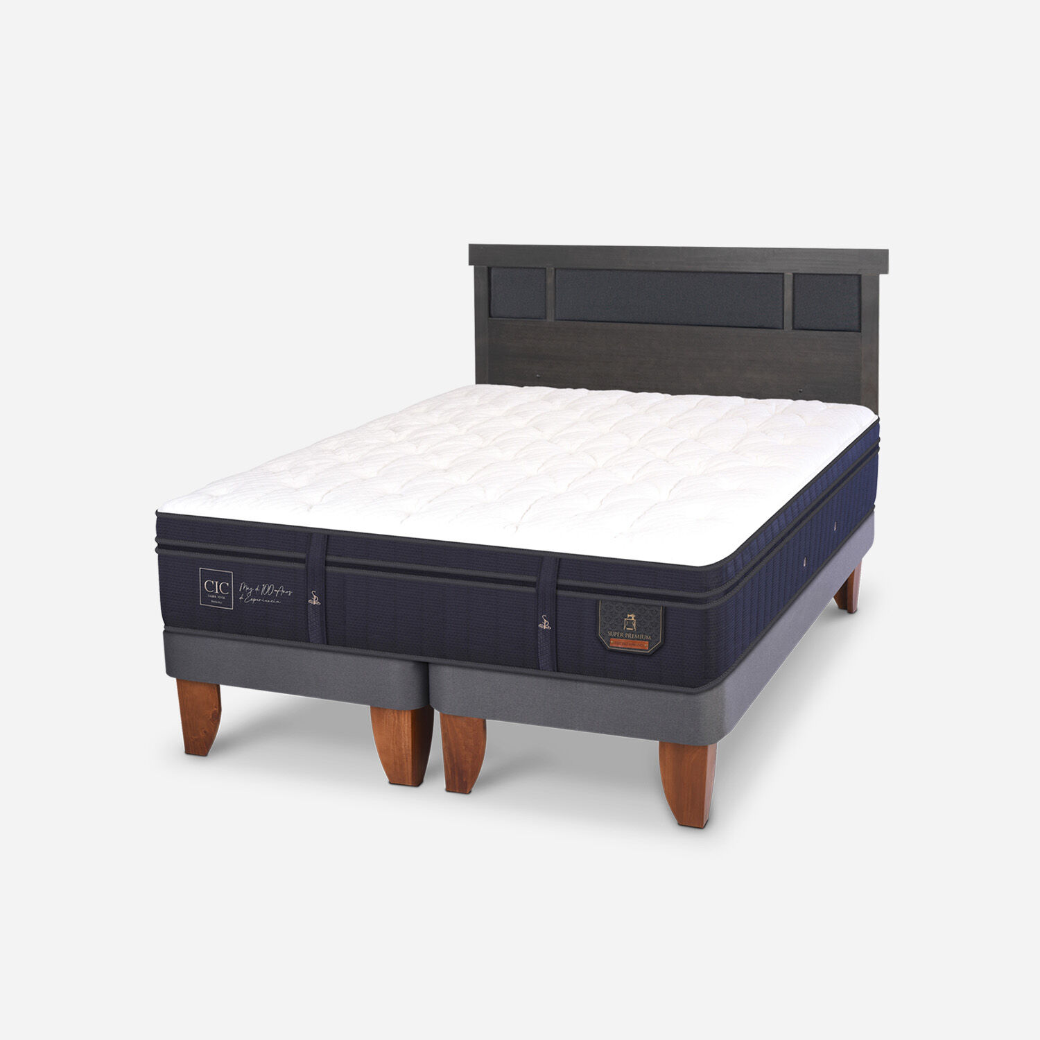 Cama Europea 2 Plazas Super Premium Base Dividida + Respaldo Dublín Gris