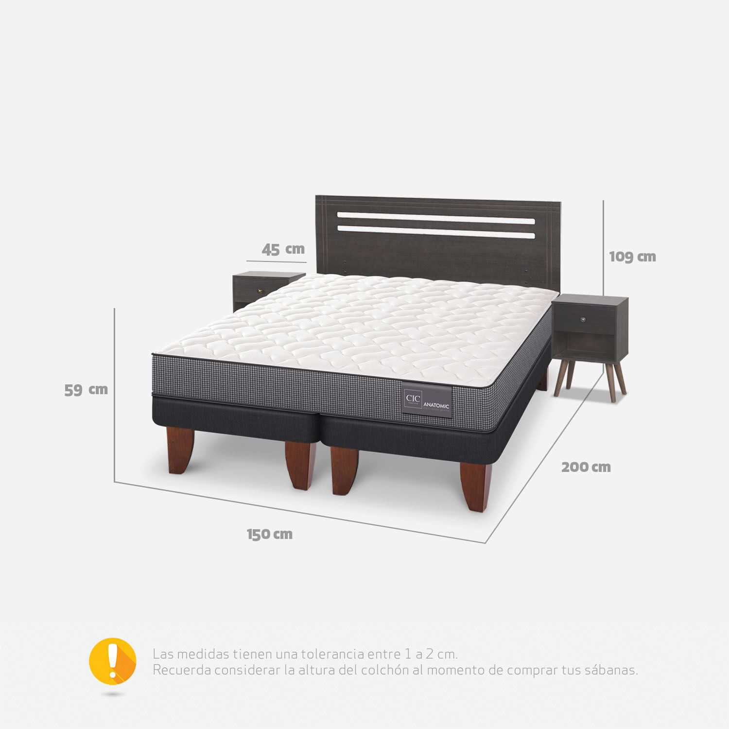 Cama Europea 2 Plazas Anatomic Base Dividida + Set Múnich Gris
