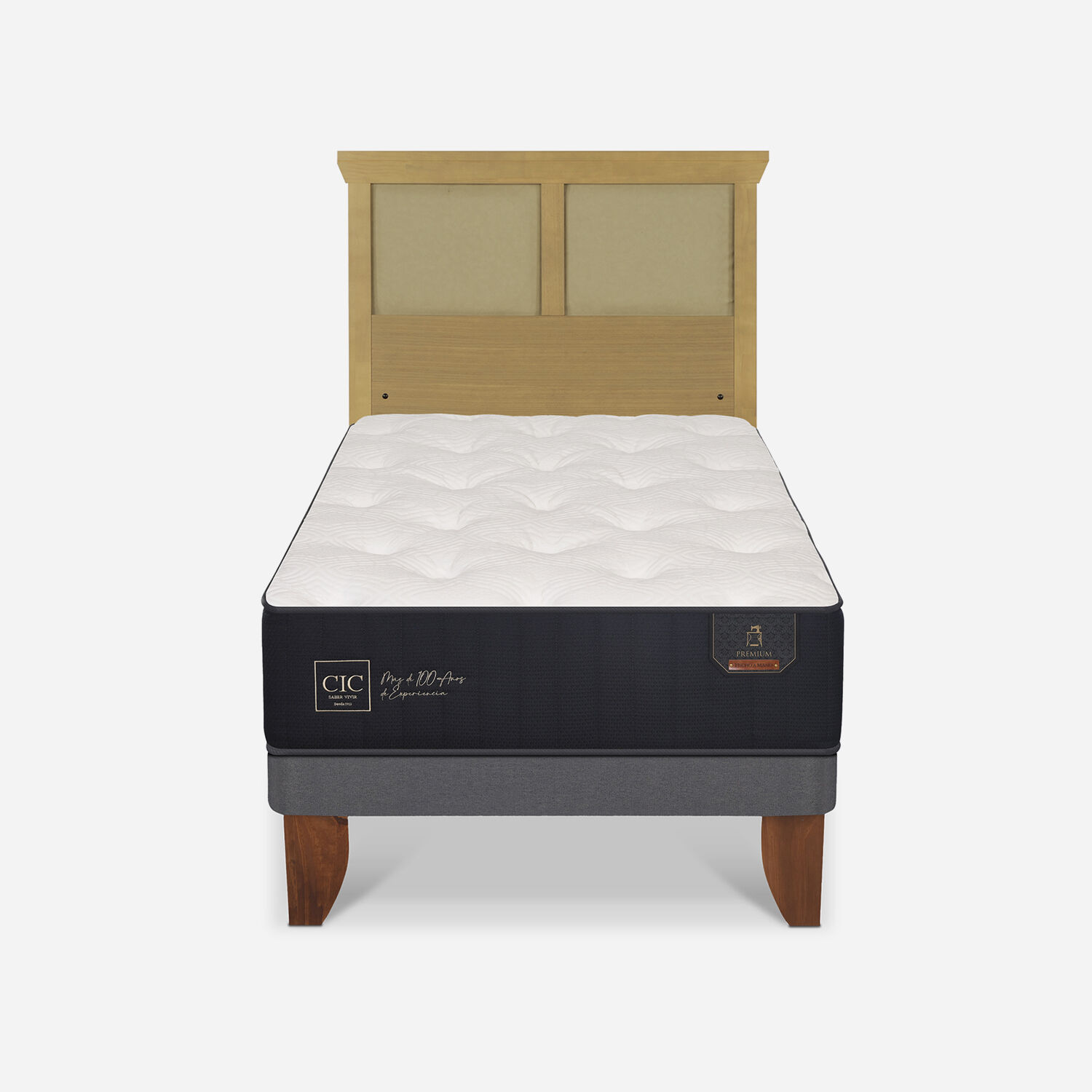 Cama Europea 1.5 Plazas Premium + Respaldo Torino Mostaza