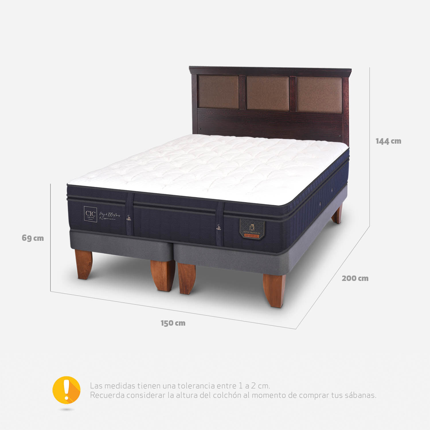 Cama Europea 2 Plazas Super Premium Base Dividida + Respaldo Torino Chocolate