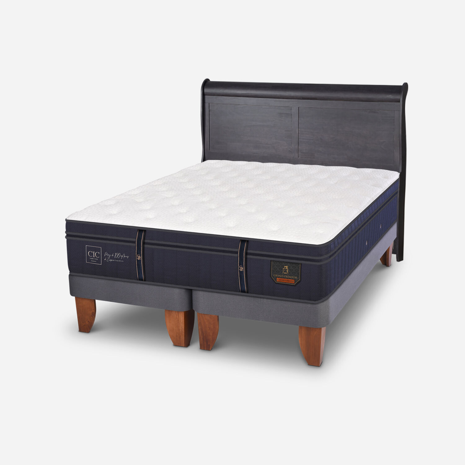 Cama Europea 2 Plazas Grand Premium Base Dividida + Respaldo Miró Negro