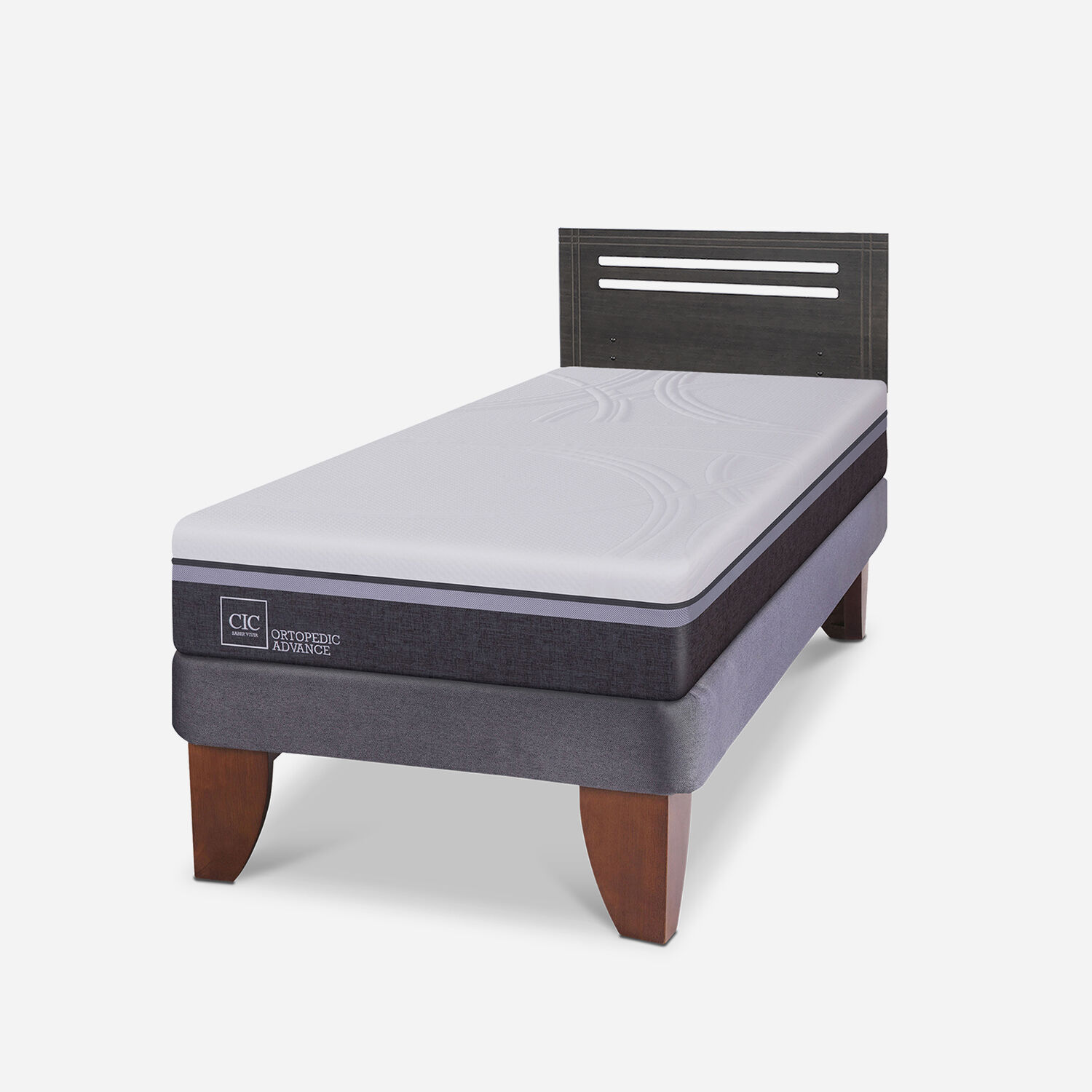 Cama Europea 1,5 Plazas Ortopedic Advance + Respaldo M&uacute;nich Gris