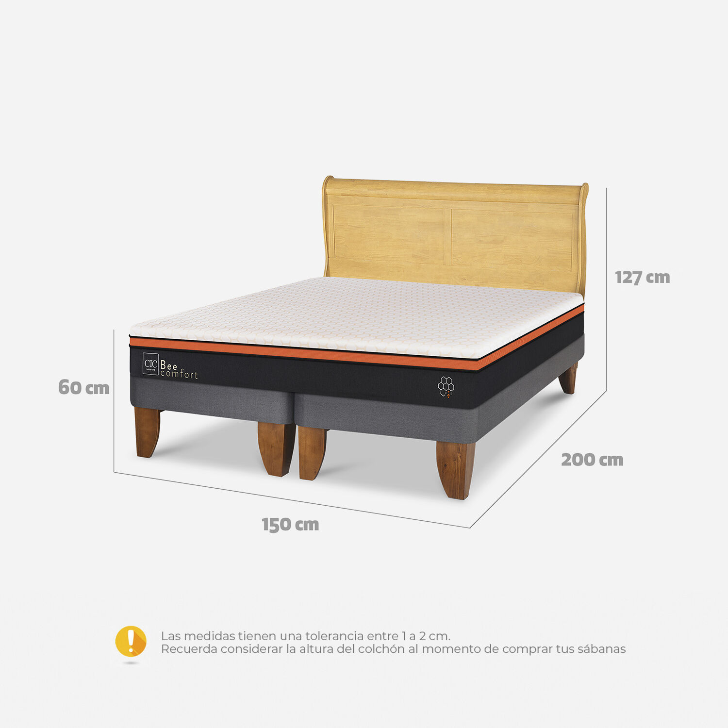 Cama Europea 2 Plazas Bee Comfort Base Dividida + Respaldo Miró Mostaza