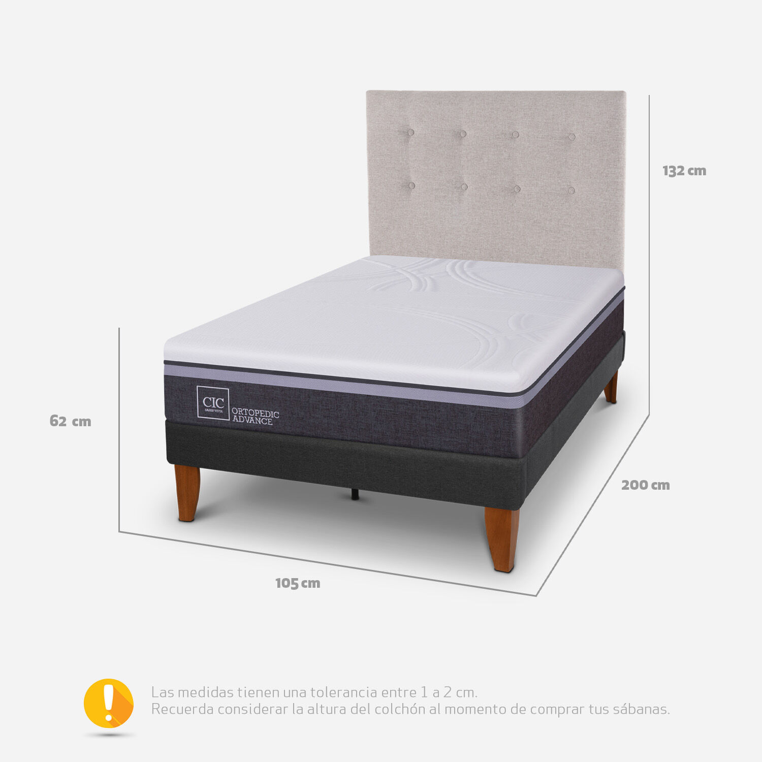 Cama Europea Curve 1,5 Plazas Ortopedic Advance + Respaldo Tigris